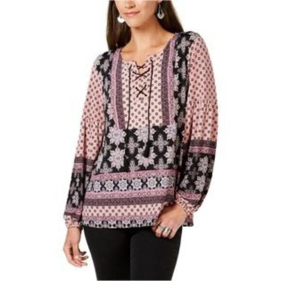 Style & Co Womens Dust Cose Burgundy Medium Sleeve Lace Up Blouse Top Size PM - Picture 1 of 8